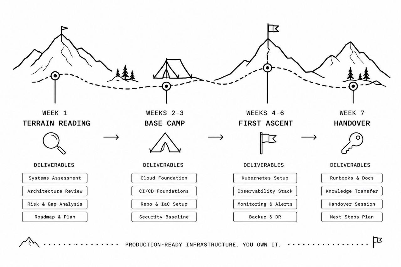 7-week Basecamp timeline: Week 1 Terrain Reading, Weeks 2-3 Base Camp, Weeks 4-6 First Ascent, Week 7 Handover