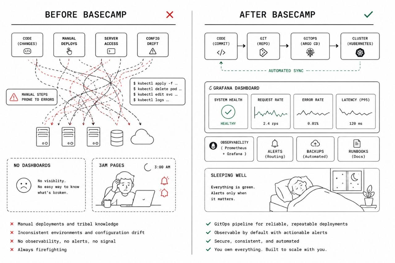 Before Basecamp: chaotic manual deploys, stressed engineer at 3am. After Basecamp: clean GitOps pipeline, Grafana dashboard green, engineer sleeping