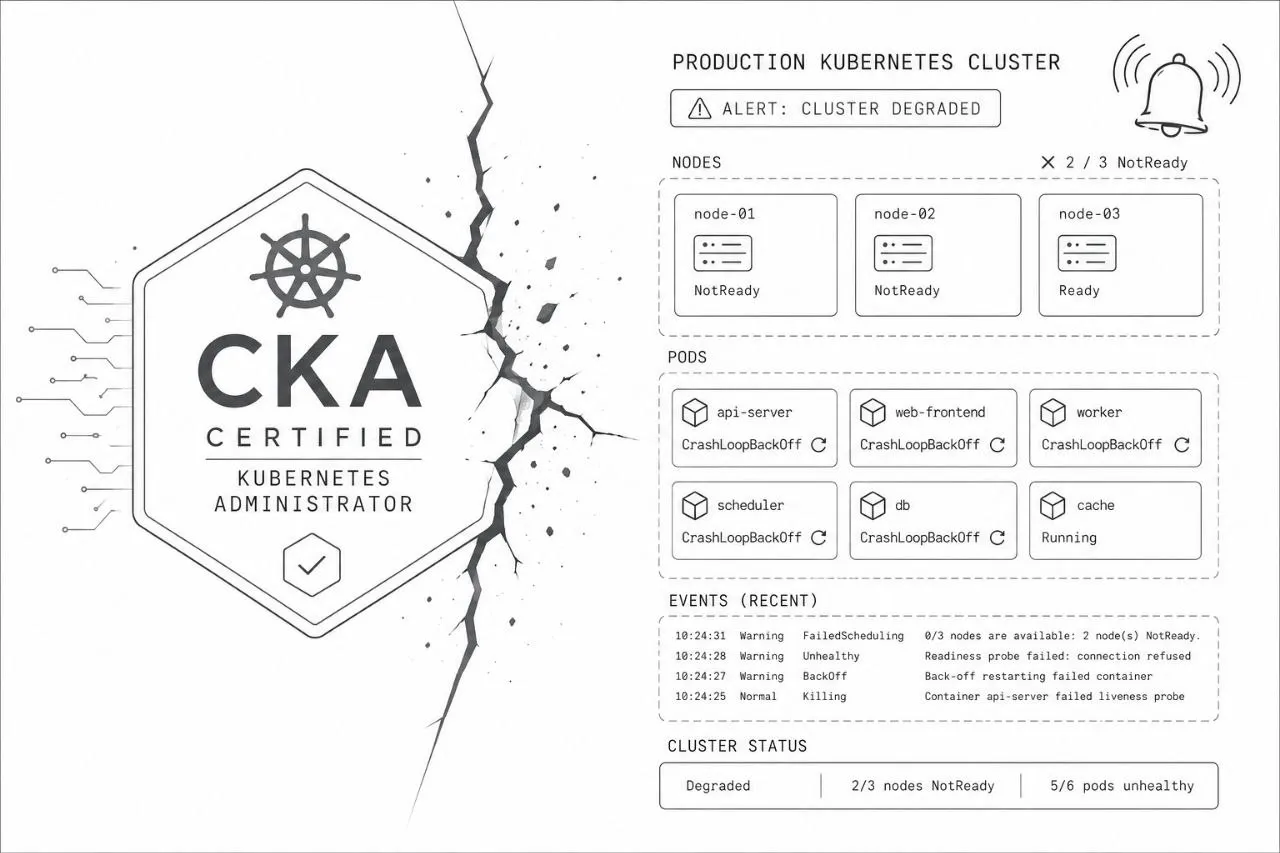 A CKA certification badge on the left, cracked down the middle, with a production Kubernetes cluster in degraded state on the right: nodes NotReady, pods CrashLoopBackOff, alerts firing, events streaming