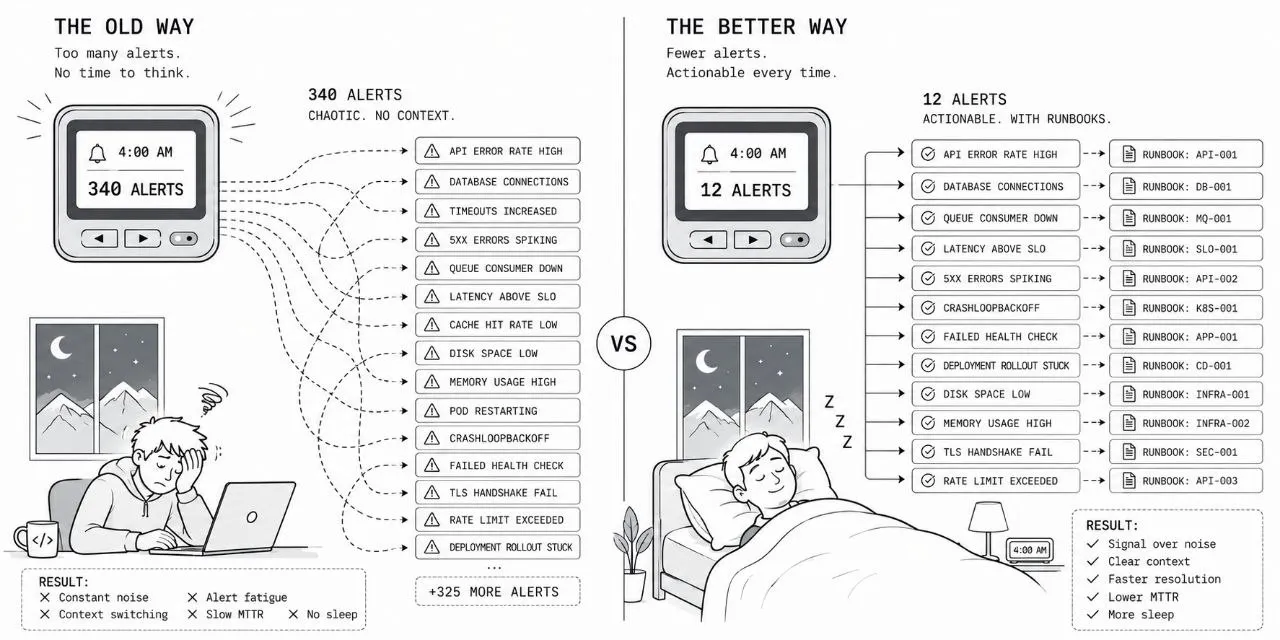 Split-screen comparison: left side shows the old way with a pager firing 340 chaotic alerts, a stressed engineer at 4am, alert fatigue and slow MTTR. Right side shows the better way with 12 actionable alerts each linked to a runbook, an engineer sleeping peacefully, signal over noise and faster resolution