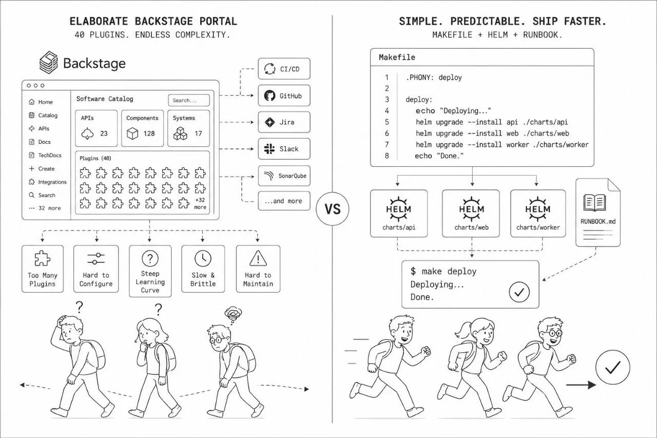 Split-screen comparison: an elaborate Backstage portal with 40 plugins, confused developers walking away on the left, versus a simple Makefile plus Helm plus RUNBOOK.md with developers running happily on the right